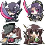  4girls airplane akagi_(kantai_collection) akaneya archery arrow bow_(weapon) brown_eyes brown_hair bucket character_doll chibi eyepatch heart kantai_collection kyuudou long_hair multiple_girls muneate purple_hair quiver rice rice_spoon ryuujou_(kantai_collection) sandals scroll short_hair sitting skirt smile sword tatsuta_(kantai_collection) tenryuu_(kantai_collection) violet_eyes visor_cap wariza weapon yellow_eyes 