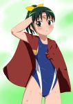  green_eyes green_hair highres hoshino_sora midorikawa_nao one-piece_swimsuit ponytail precure short_hair smile_precure! solo swimsuit towel wet 
