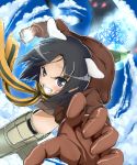  black_eyes black_hair bruise clenched_teeth flying gloves hi-ho- incoming_punch injury neuroi scarf short_hair solo strike_witches striker_unit 