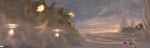  animal battleship cannon cape cloudy_sky desert explosion firing hat highres original ranpota scenery 