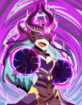  @_@ breasts cleavage cleavage_cutout helmet highres league_of_legends long_hair magic pauldrons purple_eyes songoanda syndra violet_eyes 