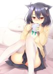  animal_ears black_hair blush cat_ears cup hair_ornament holding kinta_(distortion) milk mug no_panties original pillow red_eyes school_uniform short_hair sitting skirt solo sweater thigh-highs thighhighs tongue white_legwear 