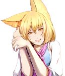  animal_ears blonde_hair blush bust dearmybrothers fox_ears highres looking_at_viewer no_hat no_headwear open_mouth short_hair simple_background smile solo touhou white_background yakumo_ran yellow_eyes 