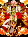  blonde_hair chinese_clothes green_hair grin gumi kagamine_rin looking_at_viewer multiple_girls panda_hat pose red_eyes short_hair smile symmetry vocaloid yie_ar_fan_club_(vocaloid) 