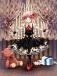  ascot black_legwear blonde_hair curtains dress gift hair_ornament hair_ribbon k_magic long_hair outstretched_arms pantyhose red_eyes ribbon rumia smile solo standing stuffed_animal stuffed_toy teddy_bear touhou 
