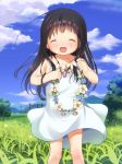  :d ^_^ absurdres anyannko black_hair child closed_eyes cloud dress eyes_closed flower grass highres long_hair nature open_mouth original outdoors power_lines sky smile solo sundress 