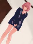  argyle bare_legs blush bob_cut bottomless character_request dutch_angle embarrassed highres multicolored_eyes nanami_haruka off_shoulder pink_hair pullover sad short_hair shy sironnpan solo standing uta_no_prince-sama 