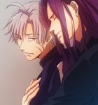  fate/zero fate_(series) grey_background grey_hair hug hug_from_behind long_hair male matou_kariya multiple_boys purple_hair sng 