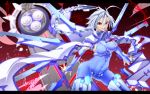  armor blazblue blood bodysuit braid crazy_eyes crotch_plate grin looking_at_viewer nu-13 red_eyes sayo_wini silver_hair smile 