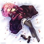  1girl bed blue_eyes bridal_gauntlets choker curly_hair dress feet gothic long_sleeves lying mia original petals pink_hair puffy_sleeves ringlets shoes shoes_removed smile thighhighs toi-chan 