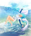  blue_hair blush braid dress flying highres legs leotard long_hair mountain open_mouth original outstretched_arms partial_braid sleeves_past_wrists smile solo spread_arms twin_braids wings yui_toshiki 