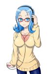  artist_request atago_kinue blue_eyes blue_hair blush breasts glasses hand_on_headphones headphones jeans large_breasts long_hair pantyhose saki smile solo sweater 