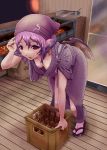  bent_over bottle breasts coal crate down_blouse earrings hanging_breasts head_scarf japanese_clothes jewelry kamaboko_bijin mystia_lorelei okamisty open_mouth pink_eyes pink_hair sandals short_hair solo sweat tabi tasuki touhou wings 