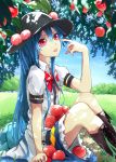  akanbe blue_hair boots food fruit hat hinanawi_tenshi long_hair peach pt puffy_sleeves red_eyes short_sleeves smile solo tongue touhou tree very_long_hair 