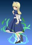  blonde_hair blue_dress bowtie dress hair_ribbon hairband mary_janes megami_tensei obi puffy_sleeves red_eyes ribbon shin_megami_tensei shoes 