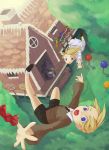  1boy 2girls bandaid blonde_hair blue_eyes candy gretel_(grimm) hansel_(grimm) hansel_and_gretel house iorlvm lollipop multiple_girls witch 