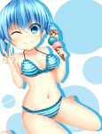  bad_id bikini blue_eyes blue_hair cheeuyu chiiutsu_(cheewts) food highres ice_cream original short_hair smile solo striped striped_bikini striped_swimsuit swimsuit twintails v wink 