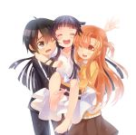  2girls :d ;d ^_^ asuna_(sao) barefoot black_eyes black_hair blush breasts brown_eyes brown_hair closed_eyes dress eyes_closed feet heart heart-shaped_pupils holding kirito long_hair multiple_girls mvv open_mouth outstretched_arms raised_eyebrows short_hair skirt smile soles sword_art_online symbol-shaped_pupils toes wink yui_(sao) 