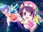  aoki_lapis blue_eyes blue_hair foreshortening hat highres long_hair minigirl multiple_girls open_mouth oumi_sanaka purple_eyes purple_hair size_difference smile tone_rion tourmaline twintails violet_eyes vocaloid wrist_cuffs 