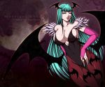  bare_shoulders bat_wings breasts bridal_gauntlets character_name cleavage collarbone demon_girl elbow_gloves english fingernails gloves green_eyes green_hair head_wings large_breasts leotard long_hair momoman_(pink_voltage) morrigan_aensland pantyhose print_pantyhose solo succubus vampire_(game) very_long_hair wings 