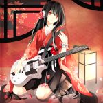  black_hair colored_eyelashes flower guitar instrument japanese_clothes kimono kneeling lamp leaf long_hair maple_leaf nail_polish original petals prin_dog red_background red_eyes sitting skirt solo wide_sleeves wrist_cuffs 
