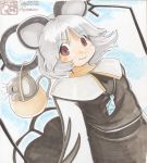  animal_ears aoneco basket capelet grey_hair jewelry long_sleeves mouse mouse_ears mouse_tail nazrin red_eyes shikishi short_hair smile solo tail touhou traditional_media 