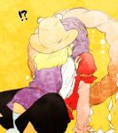  2girls blonde_hair from_behind hat kiss moriya_suwako multiple_girls purple_hair sitting smkd2 touhou yasaka_kanako yuri 