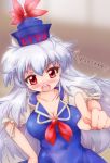  blush breasts cleavage hand_on_hip hat kamishirasawa_keine large_breasts long_hair looking_at_viewer red_eyes solo touhou translated translation_request zipang 