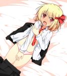  blonde_hair blush covering dress_shirt fang hair_ribbon kousa_(black_tea) lying messy_hair mound_of_venus necktie on_back open_clothes open_mouth open_shirt panties pointy_ears red_eyes ribbon rumia shirt skirt skirt_lift skirt_pull solo sweat tears touhou underwear wavy_mouth white_panties 