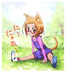  animal_ears blush brown_eyes brown_hair cat_ears cat_tail green_background kemonomimi_mode nikukyuu-man overalls precure purple-framed_glasses shirabe_ako shirt shoes short_hair shorts shy solo spread_legs suite_precure tail 