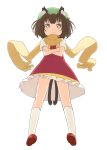  :&lt; animal_ears blush brown_eyes brown_hair cat_ears cat_tail chen crossed_arms gunbuster_pose hat looking_at_viewer multiple_tails nakashino_setsu scarf short_hair simple_background socks solo tail touhou white_background 