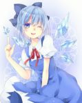  ;d blue_eyes blue_hair cirno dress ice ice_wings looking_at_viewer mi-chan open_mouth ribbon short_hair smile solo touhou wings wink 