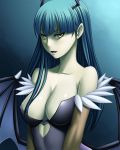  bare_shoulders bat_wings breasts cleavage collarbone demon_girl green_hair head_wings highres leotard long_hair morrigan_aensland nave open_mouth pantyhose solo succubus vampire_(game) wings yellow_eyes 