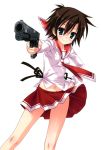  absurdres aqua_eyes brown_hair character_request elle_watson gun hidan_no_aria highres legs light_smile long_sleeves navel necktie pistol school_uniform serafuku short_hair sig_sauer simple_background skirt solo trigger_discipline weapon white_background 