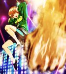  ;o bike_shorts brown_eyes brown_hair covering_ears hands infinote jumping open_mouth persona persona_4 persona_4:_the_ultimate_in_mayonaka_arena satonaka_chie short_hair skirt socks solo wink 