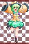  1girl arms_up blush breasts checkered checkered_background eyeball floral_print green_eyes green_hair hat hat_ribbon heart heart_of_string highres komeiji_koishi open_mouth ribbon shiruzu_(sk10102194) short_hair skirt smile solo third_eye touhou wide_sleeves 