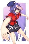  blue_eyes blue_hair hat jiangshi kaiza_(rider000) miyako_yoshika ofuda open_mouth outstretched_arms perspective short_hair short_sleeves skirt smile solo spread_arms star touhou 
