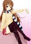  1girl absurdres artist_request brown_eyes brown_hair cigarette copyright_request crossed_legs female highres long_hair scarf sitting skirt smoking striped_scarf thigh-highs thighhighs 