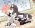  akemi_homura animal_ears bed black_hair blue_eyes eye_contact feet hand_on_another&#039;s_face hand_on_another's_face haribote_(tarao) kaname_madoka kneeling long_hair looking_at_another mahou_shoujo_madoka_magica multiple_girls open_mouth pantyhose payot pink_hair red_eyes school_uniform skirt sweat tail thigh-highs thighhighs twintails very_long_hair yuri 