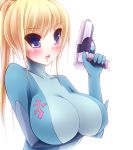  artist_request blonde_hair blue_eyes blush bodysuit breast_hold breasts collarbone gun huge_breasts impossible_clothes large_breasts long_hair metroid morita nintendo open_mouth ponytail samus_aran skin_tight solo weapon zero_suit 