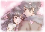  1girl black_hair bluez cherry_blossoms chitanda_eru couple green_eyes hug hyouka k-on! long_hair oreki_houtarou petals purple_eyes short_hair violet_eyes 