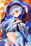  arm_up autumn blue_hair blush breasts cleavage dress linus_falco long_hair lowres red_eyes reum sitting sword_girls tree 