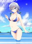  absurdres bad_id bikini braid highres izayoi_sakuya moon panties rifa_(08210821) short_hair side-tie_panties silver_hair solo swimsuit touhou twin_braids underwear 