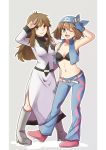  ;) ;-) alternate_costume alternate_outfit arm_up bandana bandanna belt blue_(pokemon) blue_eyes boots bra breasts brown_eyes brown_hair cleavage coat cosplay dress fingerless_gloves full_body gloves green_eyes haruka_(pokemon) izumi_(pokemon)_(cosplay) looking_at_viewer midriff mokorei multiple_girls pokemon pokemon_(game) pokemon_rgby pokemon_rse salute simple_background smile team_aqua team_aqua_(cosplay) twintails underwear vest wink 