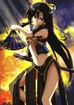 bare_shoulders black_hair bow breasts cleavage fan highres legs long_hair looking_at_viewer navel o_takana original skirt sleeveless smile solo sword vest weapon 