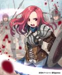  armor battle blood cygames lena_(zoal) long_hair luciella open_mouth pink_eyes pink_hair polearm shield shingeki_no_bahamut spear sweat sword weapon 