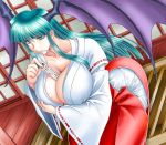  1girl alternate_costume bat_wings between_breasts breast_hold breasts cleavage collarbone demon_girl green_eyes green_hair head_wings japanese_clothes large_breasts long_hair miko morrigan_aensland mouth_hold solo succubus sukesan101 vampire_(game) wings 