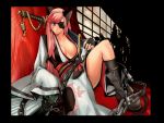  ahoge amputee animal_ears baiken boots border breasts cat_ears chain chains eyepatch guilty_gear japanese_clothes katana kimono large_breasts long_hair no_bra official_art one-eyed open_kimono pink_hair reclining sheath sheathed solo sword weapon 