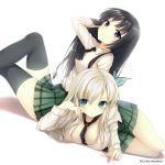  arm_up black_hair black_legwear blue_eyes blush boku_wa_tomodachi_ga_sukunai breasts butterfly_hair_ornament caidychen cleavage crossed_legs hair_ornament highres kashiwazaki_sena legs_crossed long_hair lying mikazuki_yozora multiple_girls necktie no_bra plaid plaid_skirt school_uniform shirt silver_hair sitting skirt thigh-highs thighhighs white_shirt 