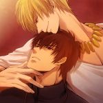  blonde_hair brown_eyes brown_hair casual fate/zero fate_(series) gilgamesh jewelry kotomine_kirei male multiple_boys necklace red_eyes sng 